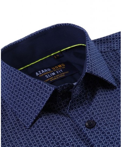 Men's Geometric Four-Way Stretch Button Down Shirt Navy $18.54 Shirts