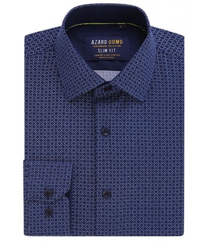 Men's Geometric Four-Way Stretch Button Down Shirt Navy $18.54 Shirts