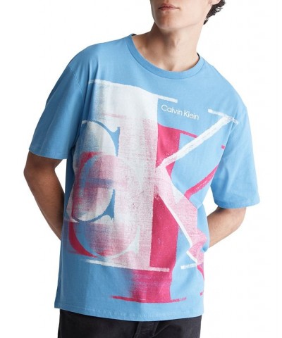 Men's Relaxed-Fit Blur Monogram Logo Graphic T-Shirt Blue $17.75 T-Shirts