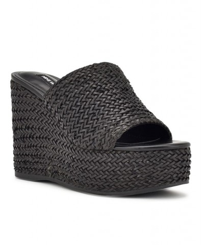 Women's Everie Round Toe Woven Wedge Sandals Black $34.88 Shoes