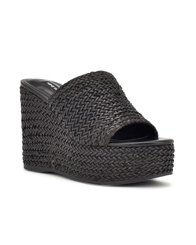 Women's Everie Round Toe Woven Wedge Sandals Black $34.88 Shoes