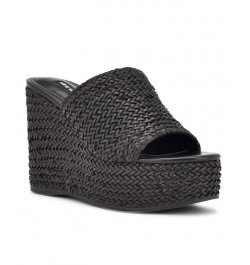 Women's Everie Round Toe Woven Wedge Sandals Black $34.88 Shoes