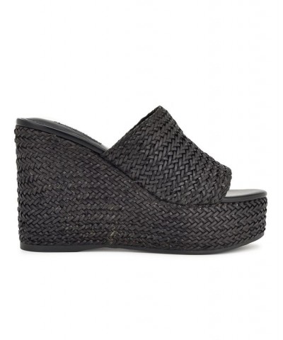 Women's Everie Round Toe Woven Wedge Sandals Black $34.88 Shoes