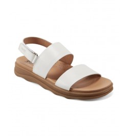 Women's Leah Round Toe Strappy Casual Flat Sandals Cream Leather $52.47 Shoes