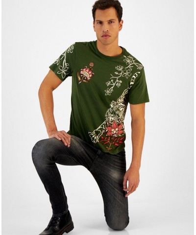 Men's Tiger Floral Embroidered Crewneck Short-Sleeve T-Shirt Orange $21.20 T-Shirts