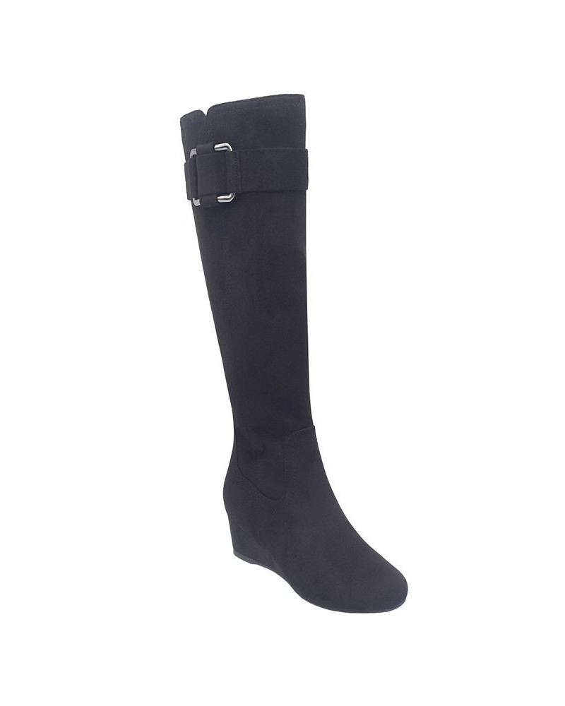 Women's Genia Wide Calf Stretch Wedge Tall Boot with Memory Foam Black $34.72 Shoes