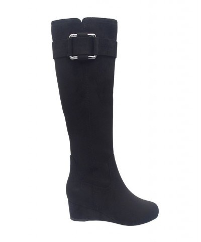 Women's Genia Wide Calf Stretch Wedge Tall Boot with Memory Foam Black $34.72 Shoes