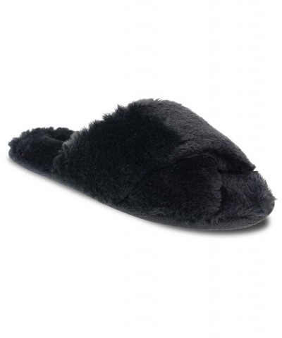 Women's Cardi Plush Cross Band Slipper Black $15.20 Shoes