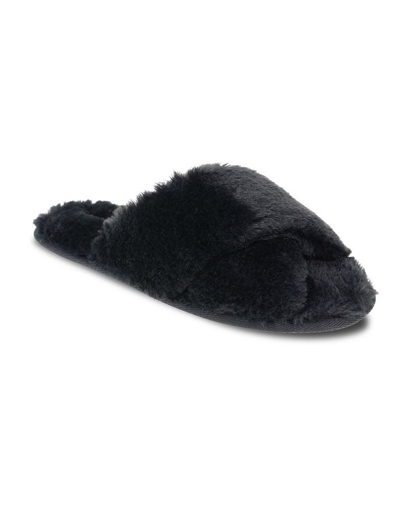 Women's Cardi Plush Cross Band Slipper Black $15.20 Shoes