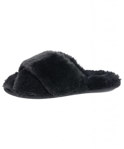 Women's Cardi Plush Cross Band Slipper Black $15.20 Shoes