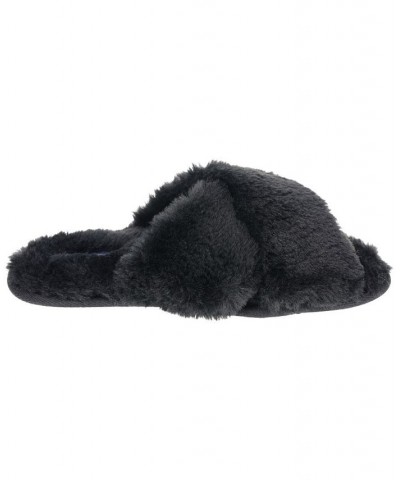 Women's Cardi Plush Cross Band Slipper Black $15.20 Shoes