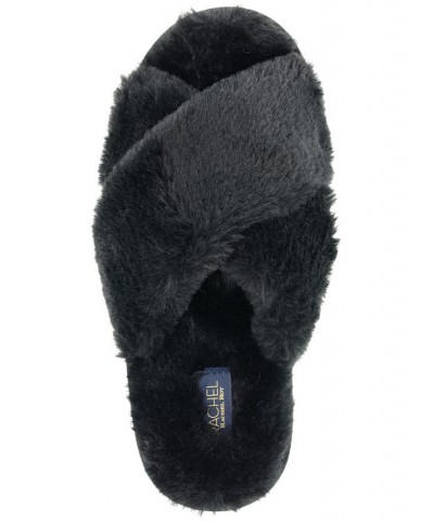 Women's Cardi Plush Cross Band Slipper Black $15.20 Shoes