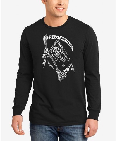 Men's Grim Reaper Word Art Long Sleeve T-shirt Black $20.79 T-Shirts