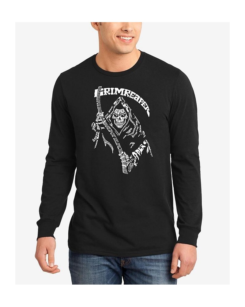 Men's Grim Reaper Word Art Long Sleeve T-shirt Black $20.79 T-Shirts