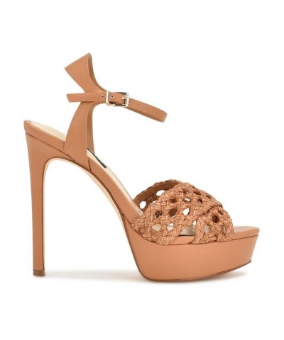 Women's Grecia Stiletto Platform Dress Sandals Tan/Beige $52.32 Shoes