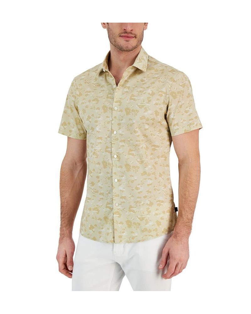 Men's Slim-Fit Stretch Tonal Floral Print Short-Sleeve Button-Up Shirt Tan/Beige $33.92 Shirts