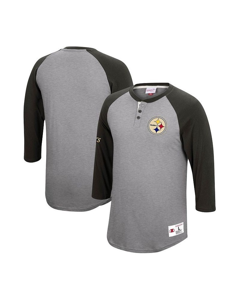 Men's Heather Gray Pittsburgh Steelers Historic Logo Ultimate Play 3/4 Sleeve Raglan Henley T-shirt $29.90 T-Shirts