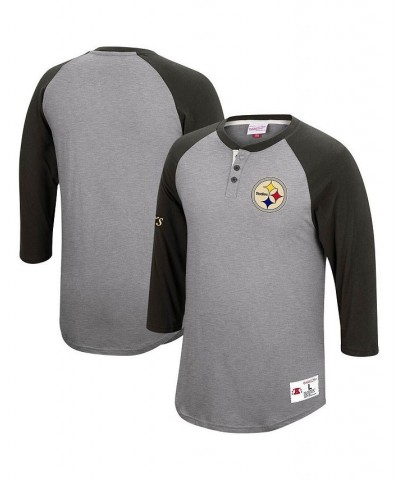 Men's Heather Gray Pittsburgh Steelers Historic Logo Ultimate Play 3/4 Sleeve Raglan Henley T-shirt $29.90 T-Shirts