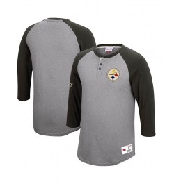 Men's Heather Gray Pittsburgh Steelers Historic Logo Ultimate Play 3/4 Sleeve Raglan Henley T-shirt $29.90 T-Shirts