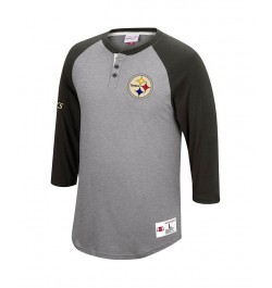 Men's Heather Gray Pittsburgh Steelers Historic Logo Ultimate Play 3/4 Sleeve Raglan Henley T-shirt $29.90 T-Shirts