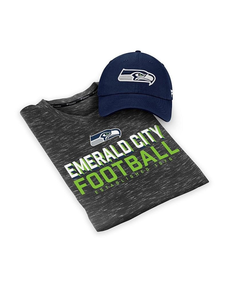 Men's College Navy, Heathered Black Seattle Seahawks Team T-shirt and Adjustable Hat Combo Set $21.59 T-Shirts